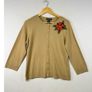 New York Company Women's Tan Button Front Cardigan Sweater Floral Applique L